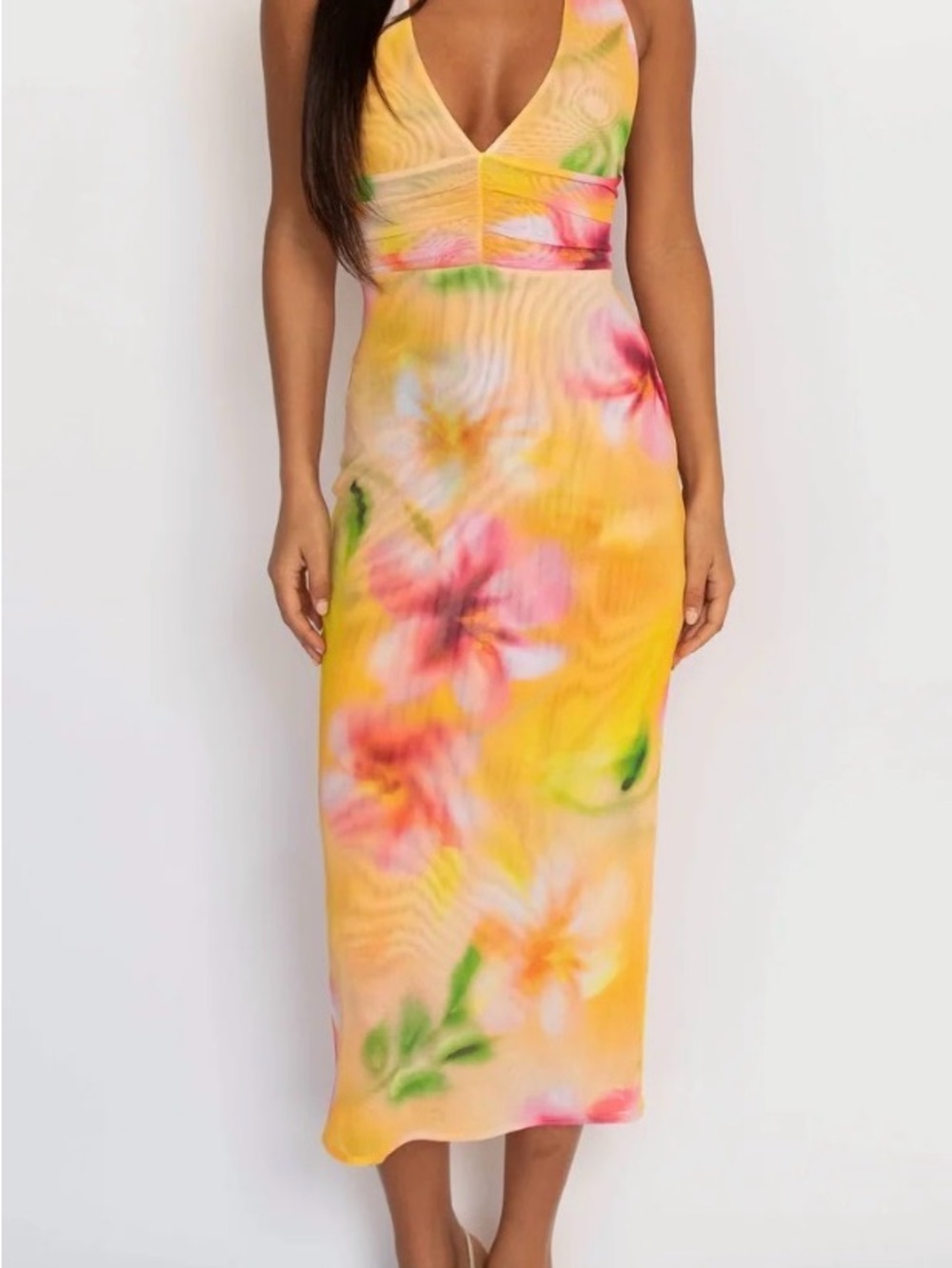 NEVER WORN : Skatie Yellow Floral Tie-Dye V-Neck Midi Dress